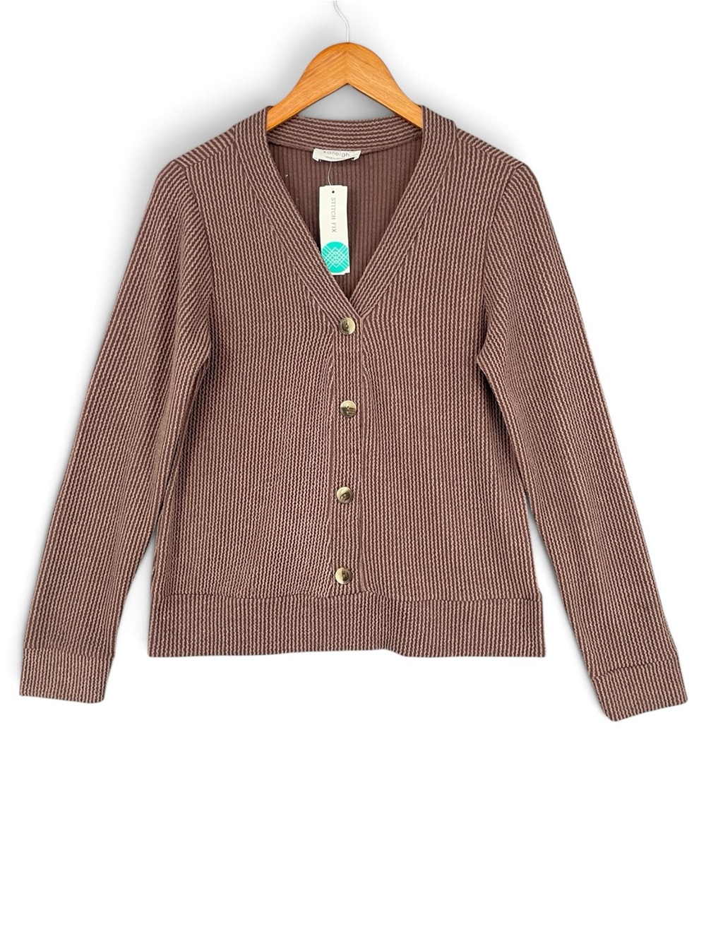 Kaileigh V‑Neck Ribbed Button‑Down Knit Top Mauve‑Brown Size Medium NWT
